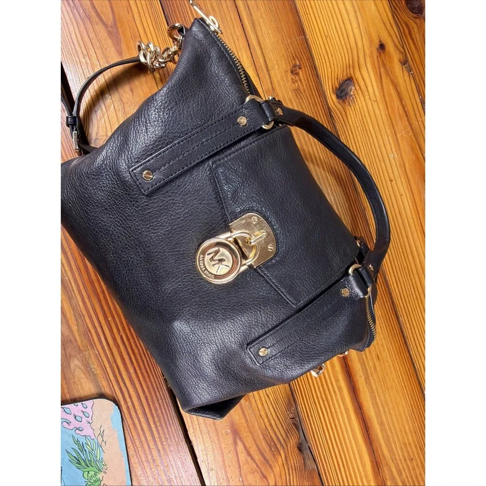 Michael Kors Hamilton Satchel Tote Leather Bag Black with Gold Lock and Chain